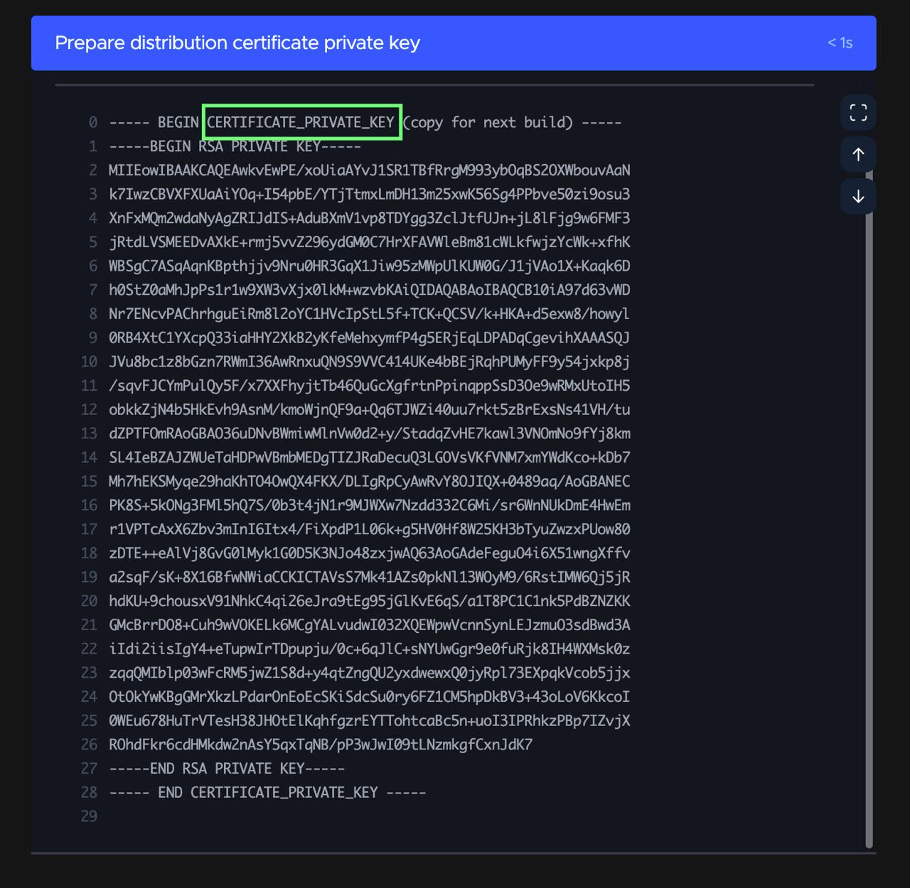 Лог билда: раскрытый шаг Prepare distribution certificate private key с RSA-ключом