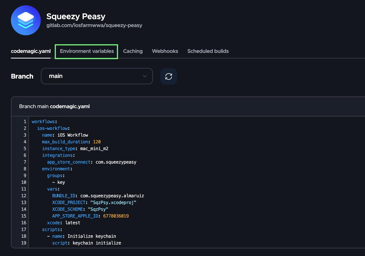 Страница codemagic.yaml с подсвеченной вкладкой Environment variables
