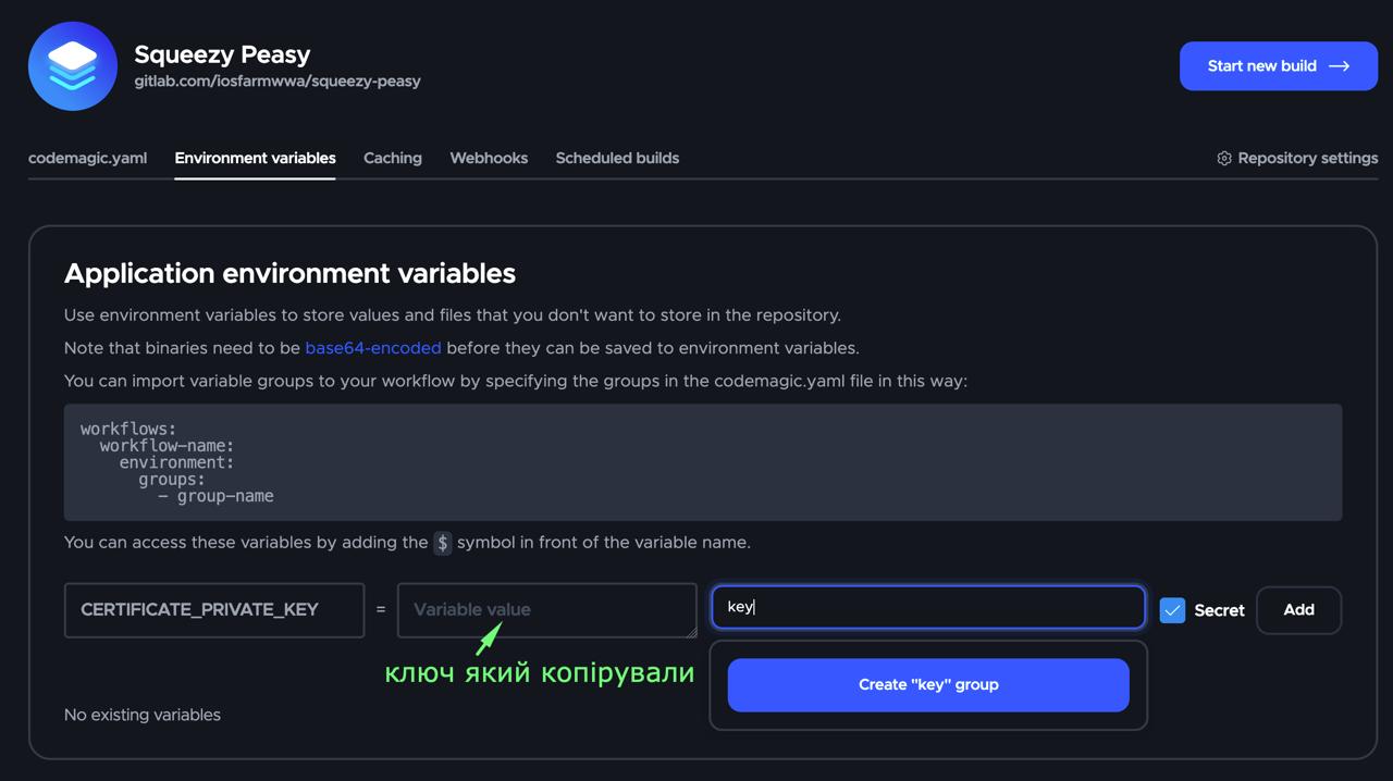 Форма Application environment variables: имя CERTIFICATE_PRIVATE_KEY, группа key, Secret, кнопка Create key group